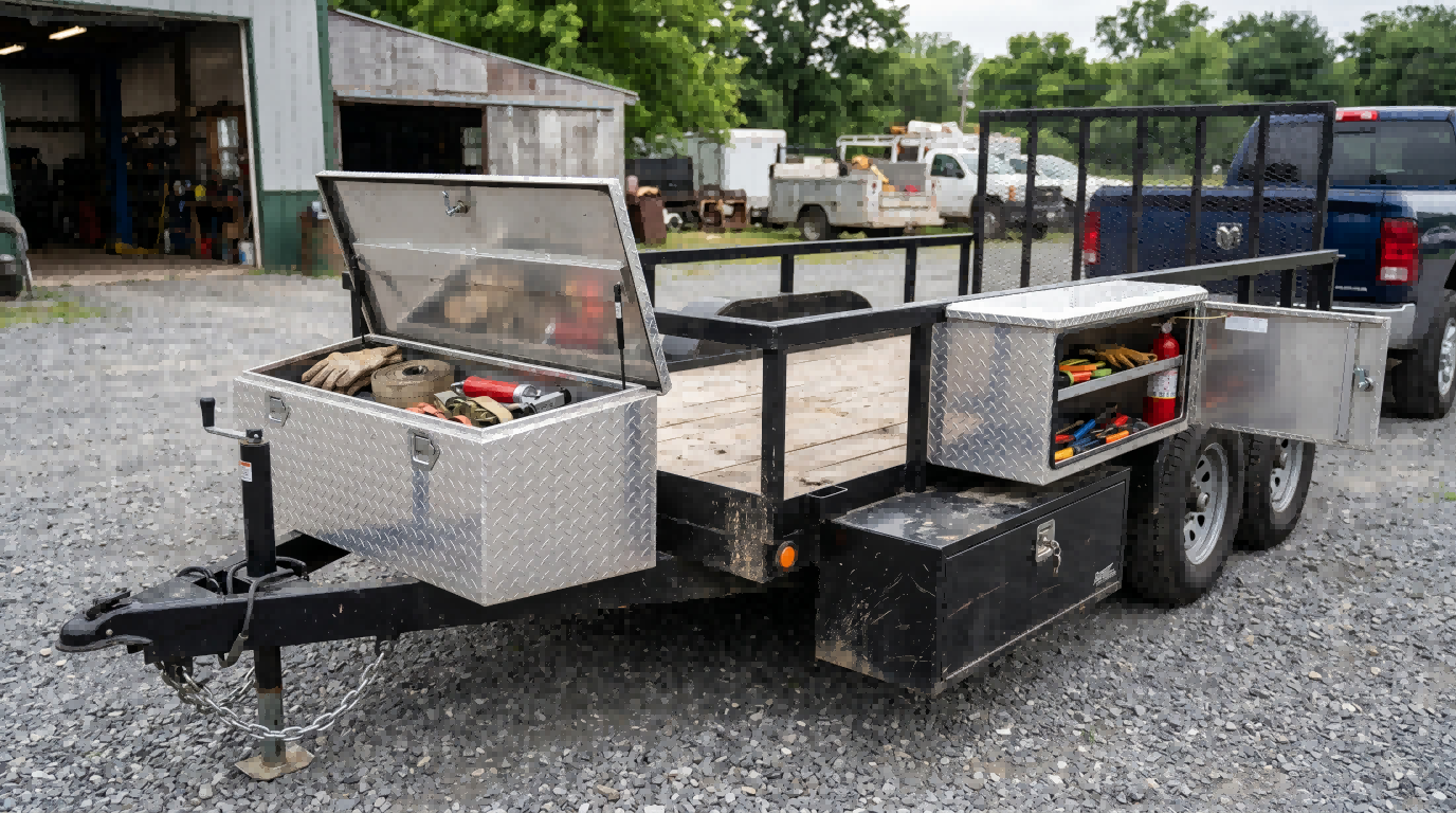 Trailer storage system with a front tongue box, side-mount toolbox, and underbody toolbox, showing how different storage locations support different gear types